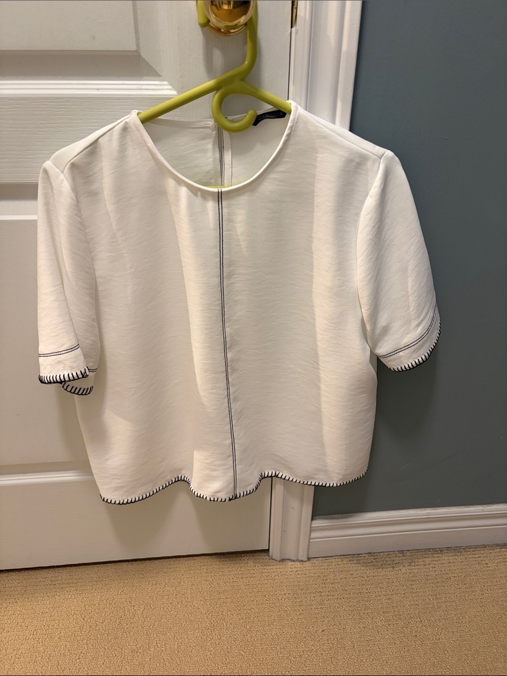 Zara White Short Sleeve Top with Black Contrast Trim
